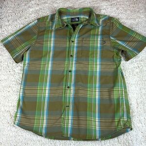 The North Face Men's Short Sleeve Button Up Shirt, Green/Tan Plaid, Size Large